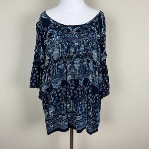 Bila Top Womens Large Navy Blue Paisley‎ Cold Shoulder 3/4 Flare Sleeve Gauze